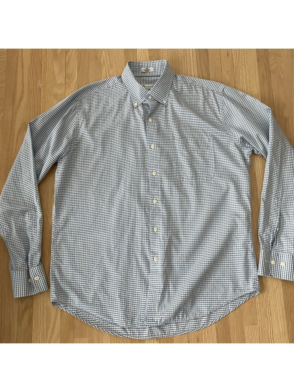 Peter Millar Crown Soft silk cotton button down dress shirt blue brown check L